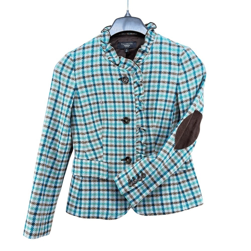 Talbots 100% Wool Blazer Women 2P Pre-Owned Plaid Blue Ruffle Elbow Patch Jacket - Picture 3 of 11